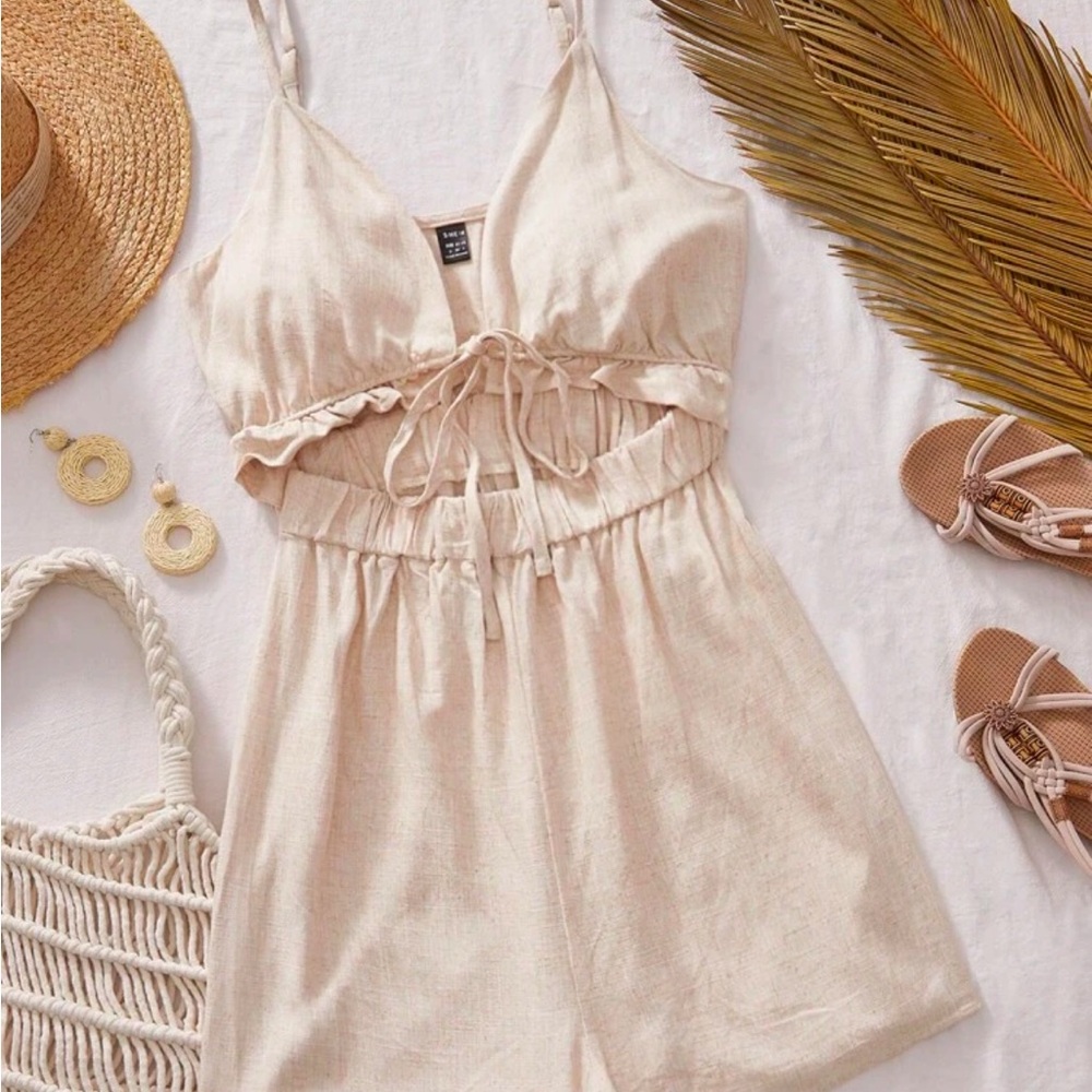 SHEIN Cream Jumpsuit with Tie Front